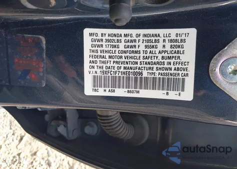 2017 Honda Civic Ex-L from USA, damaged, VIN 19XFC1F71HE010096